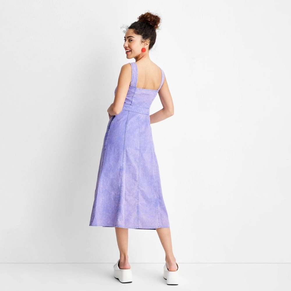 Future Collective Purple Denim Midi Dress Size 6 | Scoop Neck Front Slit - Picture 4 of 7